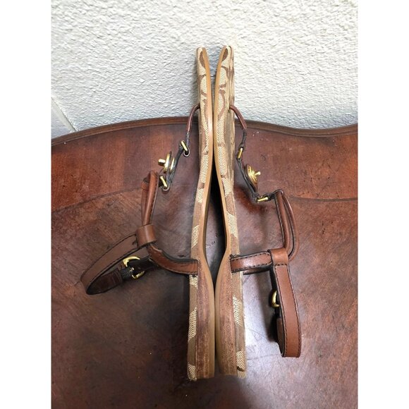 Coach Women's Signature Print Thong Sandals Brown/Gold Leather Size 8B - Picture 5 of 10